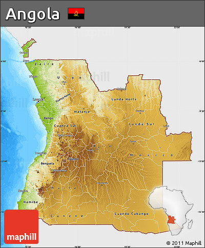 Physical Map of Angola, single color outside, bathymetry sea