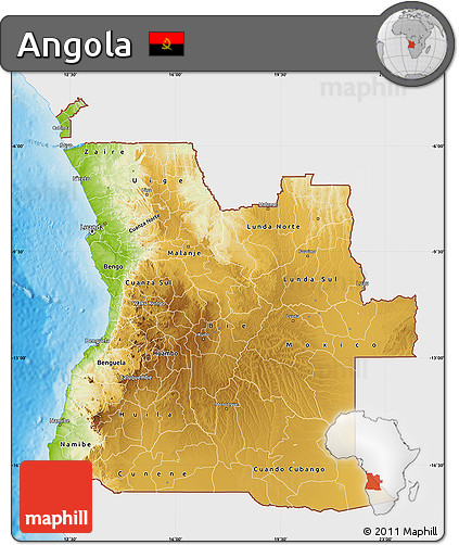 Physical Map of Angola, single color outside