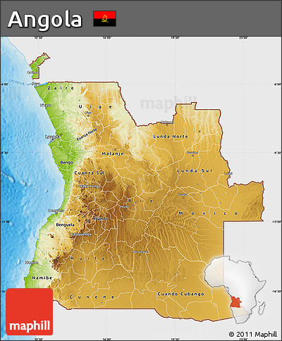 Physical Map of Angola, single color outside