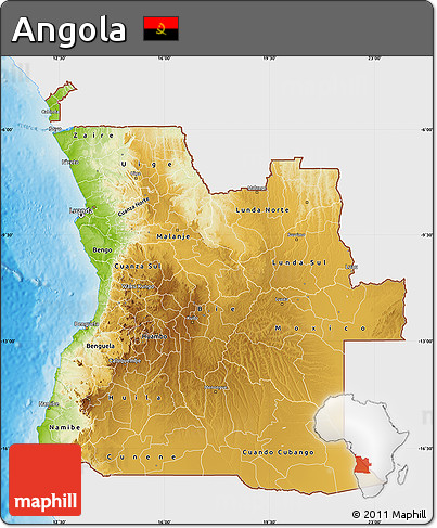 Physical Map of Angola, single color outside