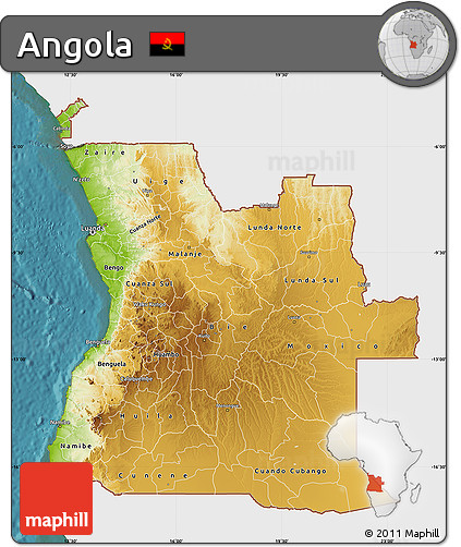 Physical Map of Angola, single color outside, satellite sea