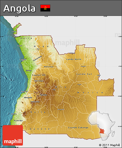 Physical Map of Angola, single color outside, satellite sea