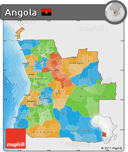 Political Map of Angola, single color outside, shaded relief sea
