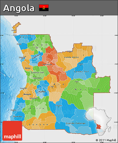 Political Map of Angola, single color outside, shaded relief sea