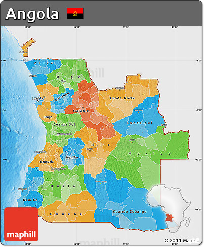 Political Map of Angola, single color outside, shaded relief sea