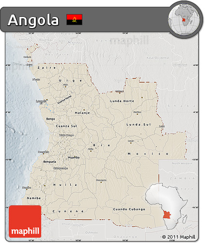 Shaded Relief Map of Angola, lighten, semi-desaturated