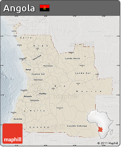Shaded Relief Map of Angola, lighten, semi-desaturated