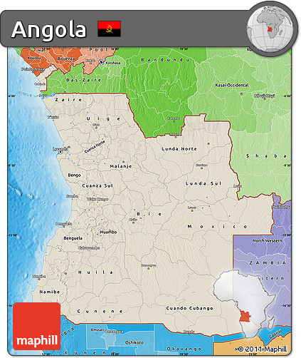 Shaded Relief Map of Angola, political shades outside, shaded relief sea