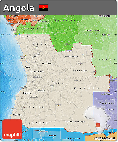 Shaded Relief Map of Angola, political shades outside, shaded relief sea