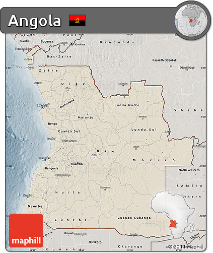 Shaded Relief Map of Angola, semi-desaturated