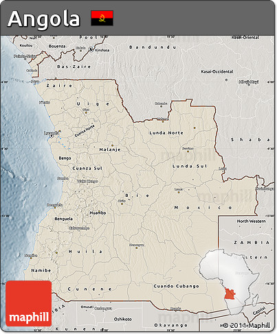 Shaded Relief Map of Angola, semi-desaturated