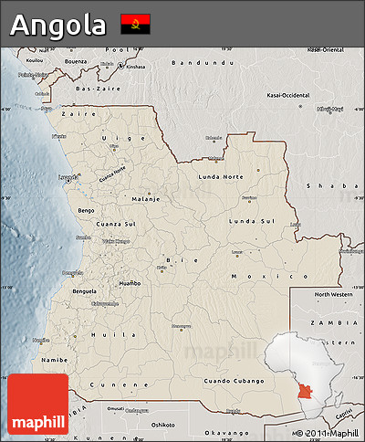 Shaded Relief Map of Angola, semi-desaturated