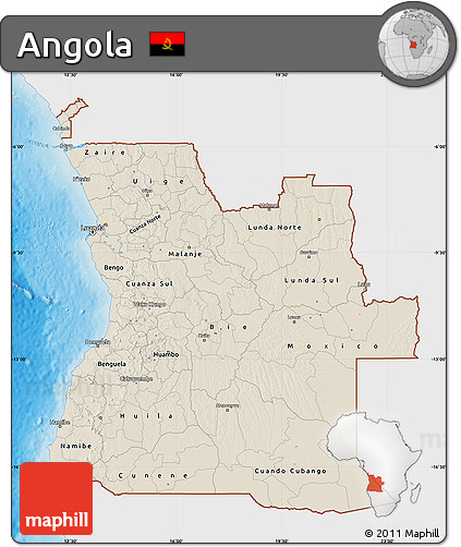 Shaded Relief Map of Angola, single color outside