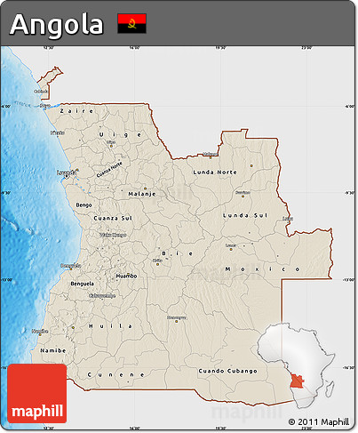 Shaded Relief Map of Angola, single color outside