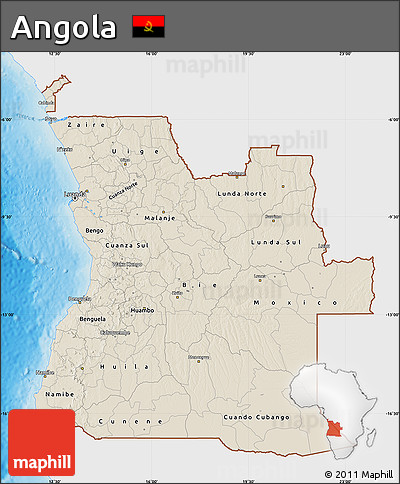 Shaded Relief Map of Angola, single color outside