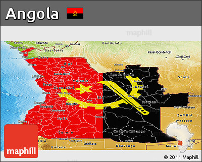 Flag Panoramic Map of Angola, physical outside, flag aligned to the middle