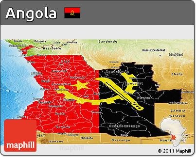 Flag Panoramic Map of Angola, physical outside, flag aligned to the middle
