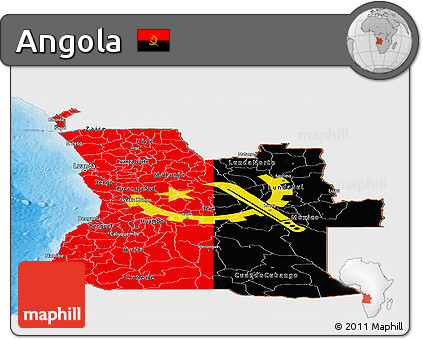 Flag Panoramic Map of Angola, single color outside, shaded relief sea, flag rotated