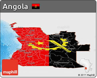 Flag Panoramic Map of Angola, single color outside, shaded relief sea, flag rotated
