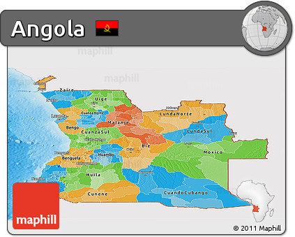 Political Panoramic Map of Angola, single color outside, shaded relief sea