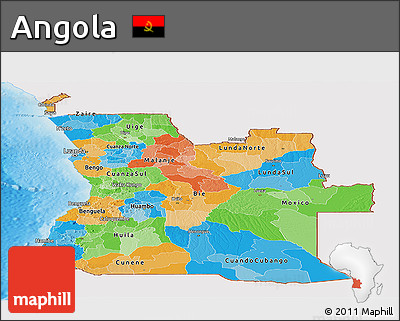 Political Panoramic Map of Angola, single color outside, shaded relief sea