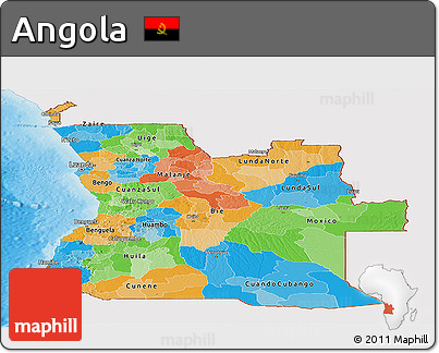 Political Panoramic Map of Angola, single color outside, shaded relief sea