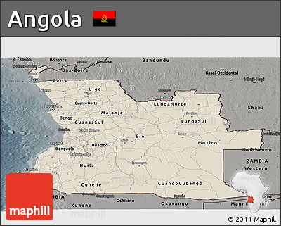 Shaded Relief Panoramic Map of Angola, darken, semi-desaturated