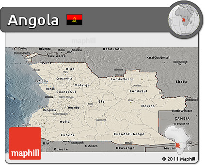 Shaded Relief Panoramic Map of Angola, darken, semi-desaturated