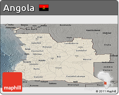 Shaded Relief Panoramic Map of Angola, darken, semi-desaturated