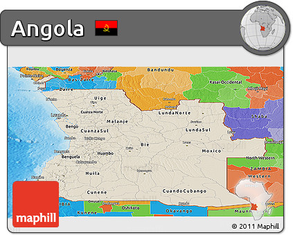 Shaded Relief Panoramic Map of Angola, political outside, shaded relief sea