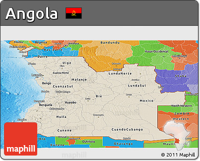 Shaded Relief Panoramic Map of Angola, political outside, shaded relief sea