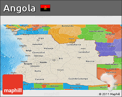 Shaded Relief Panoramic Map of Angola, political outside, shaded relief sea