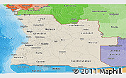 Shaded Relief Panoramic Map of Angola, political shades outside