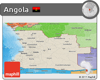 Shaded Relief Panoramic Map of Angola, political shades outside, shaded relief sea
