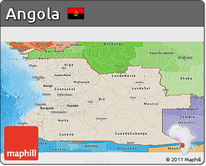Shaded Relief Panoramic Map of Angola, political shades outside, shaded relief sea