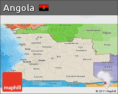 Shaded Relief Panoramic Map of Angola, political shades outside, shaded relief sea