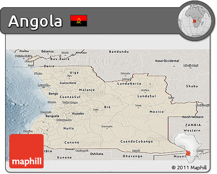 Shaded Relief Panoramic Map of Angola, semi-desaturated