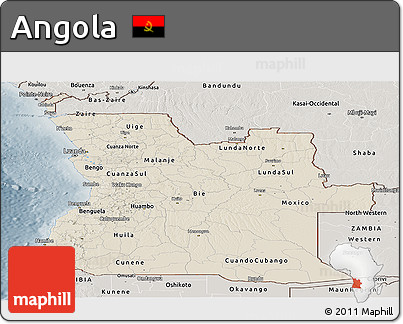 Shaded Relief Panoramic Map of Angola, semi-desaturated