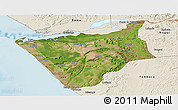 Satellite Panoramic Map of Soyo, shaded relief outside