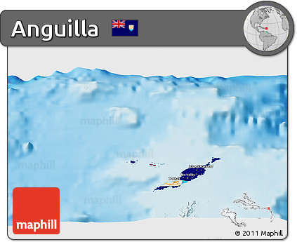 Flag 3D Map of Anguilla, single color outside, shaded relief sea, flag rotated