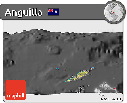 Satellite 3D Map of Anguilla, darken, desaturated