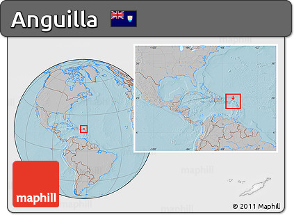 Gray Location Map of Anguilla, within the entire continent, hill shading