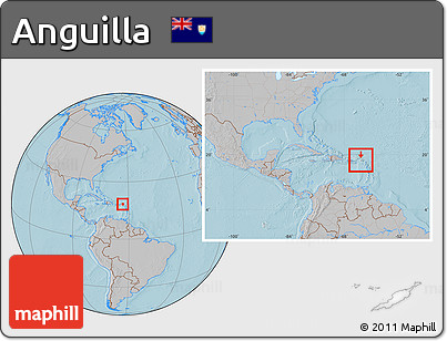 Gray Location Map of Anguilla, within the entire continent, hill shading