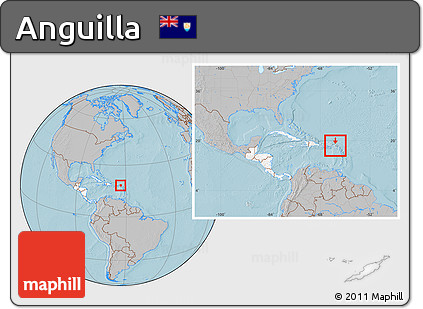 Gray Location Map of Anguilla, highlighted continent, within the entire continent, hill shading