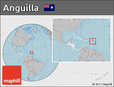 Gray Location Map of Anguilla, highlighted continent, within the entire continent, hill shading