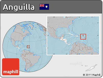 Gray Location Map of Anguilla, highlighted continent, within the entire continent, hill shading