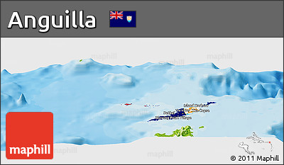 Flag Panoramic Map of Anguilla, physical outside, bathymetry sea, flag centered