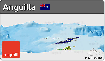 Flag Panoramic Map of Anguilla, satellite outside, bathymetry sea, flag aligned to the middle