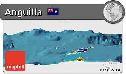 Flag Panoramic Map of Anguilla, single color outside, satellite sea, flag rotated