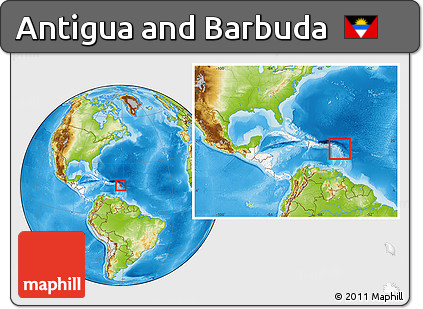 Physical Location Map of Antigua and Barbuda, highlighted continent, within the entire continent